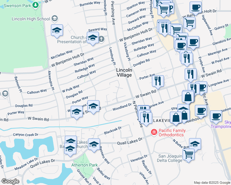 map of restaurants, bars, coffee shops, grocery stores, and more near 1405 West Swain Road in Stockton