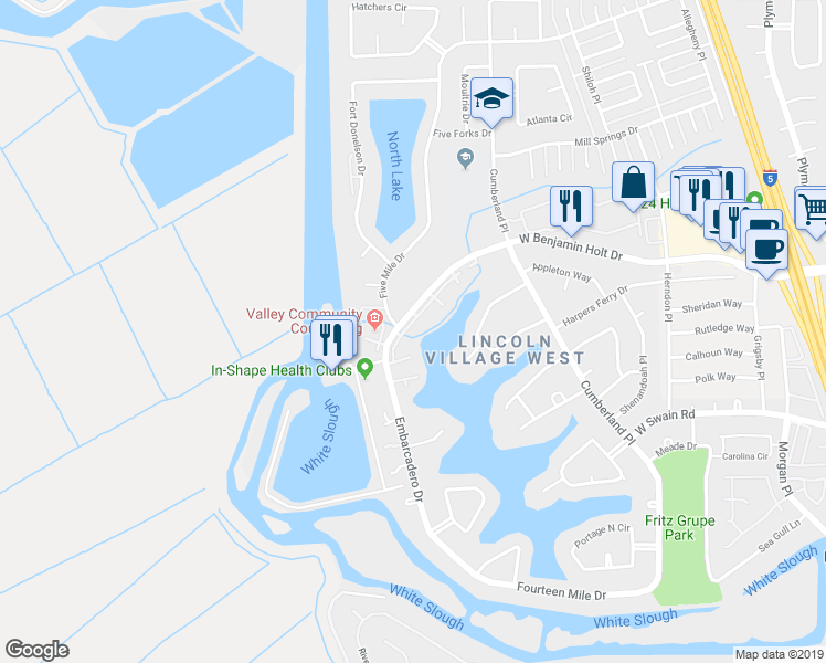 map of restaurants, bars, coffee shops, grocery stores, and more near 6626 Embarcadero Drive in Stockton