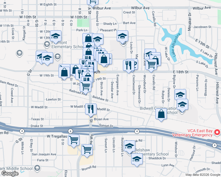 map of restaurants, bars, coffee shops, grocery stores, and more near 1940 Deodar Avenue in Antioch