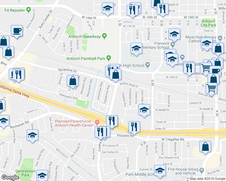 map of restaurants, bars, coffee shops, grocery stores, and more near 2204 L Street in Antioch