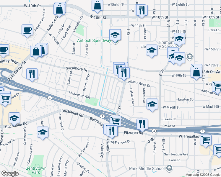 map of restaurants, bars, coffee shops, grocery stores, and more near 2301 Lemontree Way in Antioch