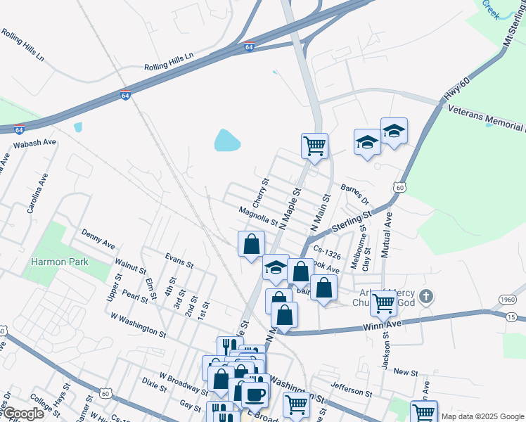 map of restaurants, bars, coffee shops, grocery stores, and more near 114 Magnolia Street in Winchester