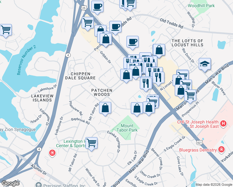 map of restaurants, bars, coffee shops, grocery stores, and more near 151 Locust Pointe Way in Lexington