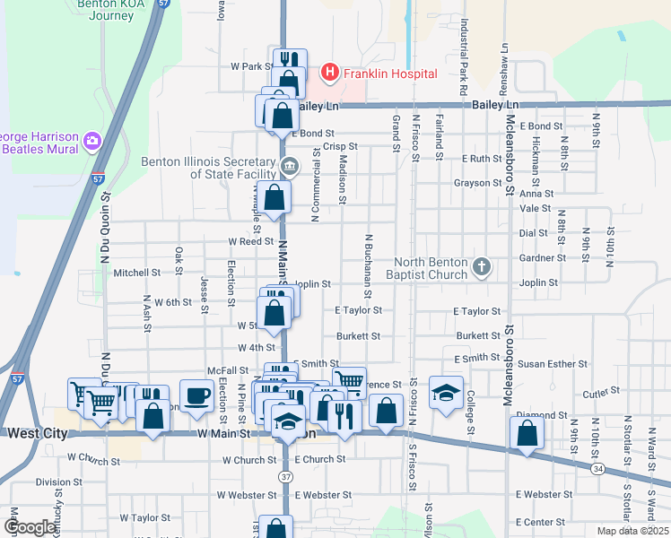 map of restaurants, bars, coffee shops, grocery stores, and more near 203 Joplin Street in Benton