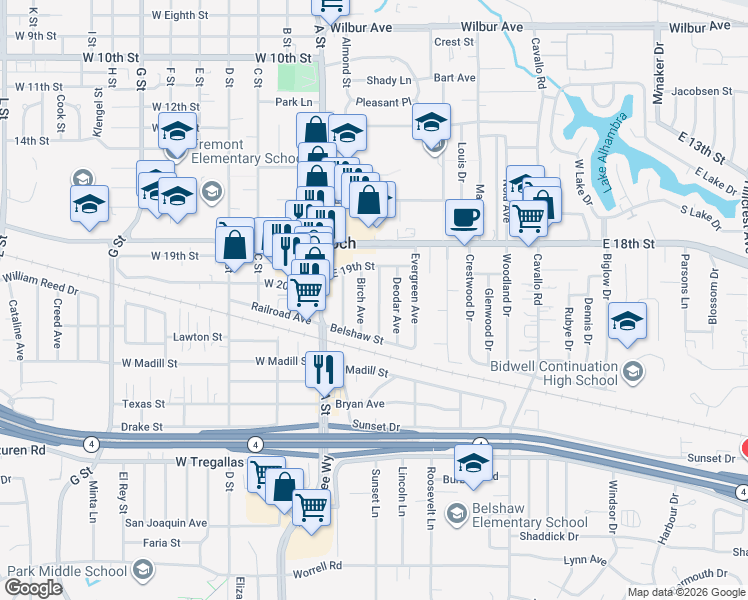 map of restaurants, bars, coffee shops, grocery stores, and more near 1928 Chestnut Avenue in Antioch