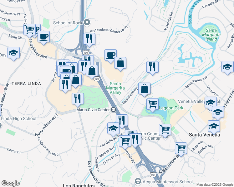 map of restaurants, bars, coffee shops, grocery stores, and more near 3950 Civic Center Drive in San Rafael