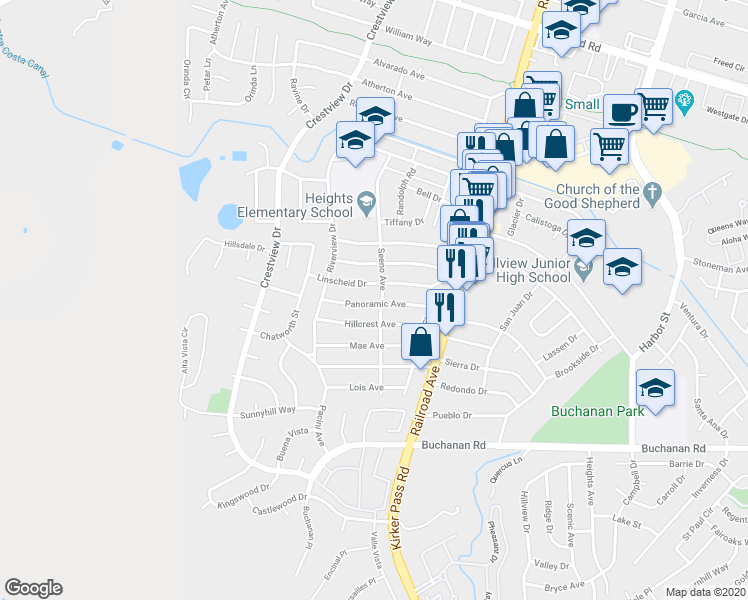 map of restaurants, bars, coffee shops, grocery stores, and more near 114 Panoramic Avenue in Pittsburg