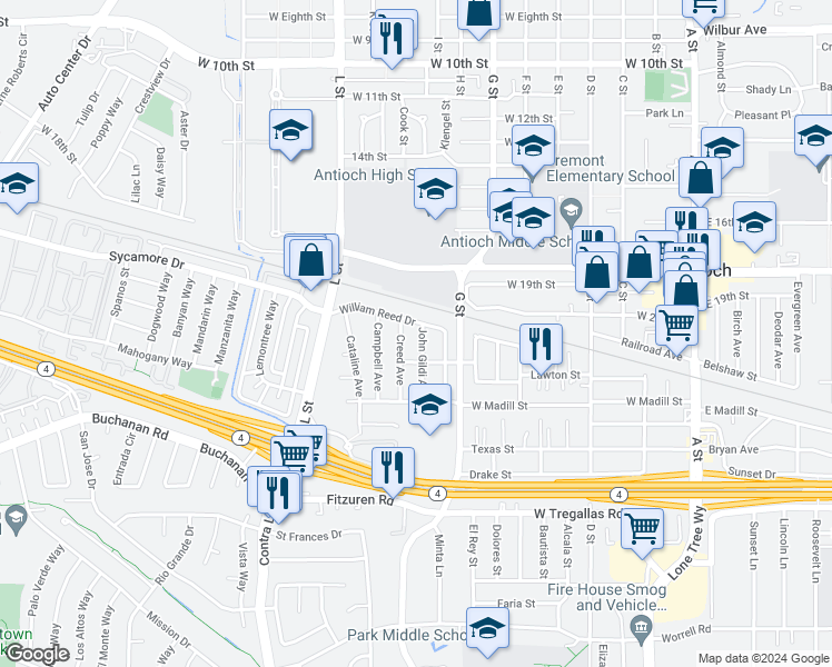 map of restaurants, bars, coffee shops, grocery stores, and more near 213 John Gildi Avenue in Antioch