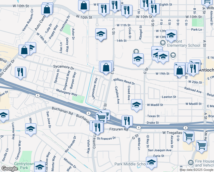 map of restaurants, bars, coffee shops, grocery stores, and more near 2112 L Street in Antioch