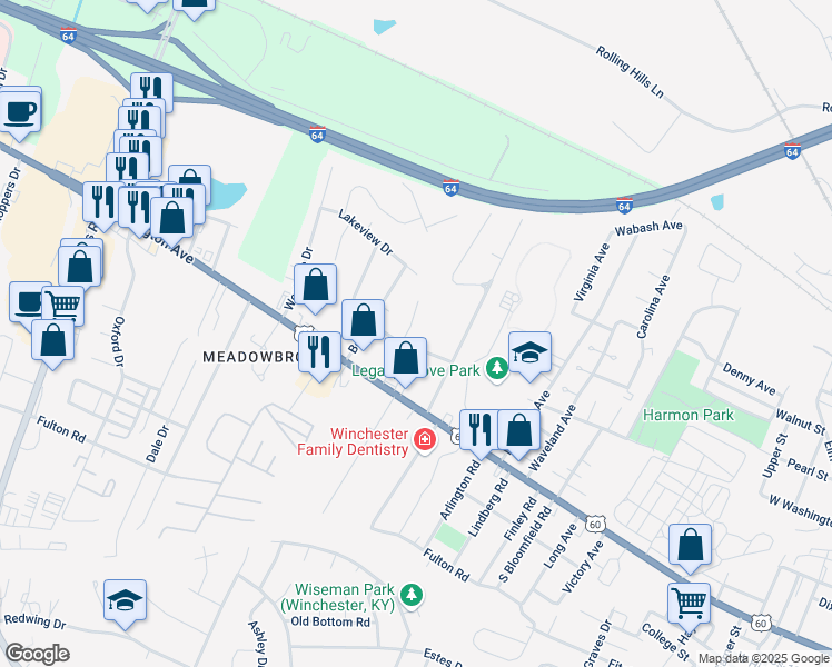 map of restaurants, bars, coffee shops, grocery stores, and more near 106 Andover Drive in Winchester
