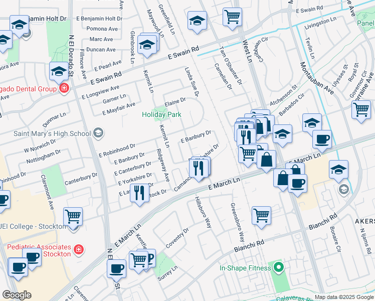 map of restaurants, bars, coffee shops, grocery stores, and more near 5439 Holiday Drive in Stockton