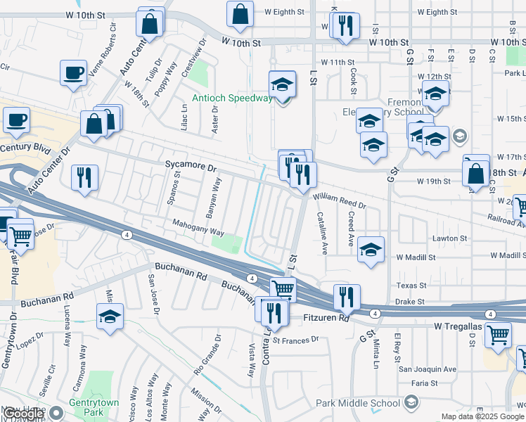 map of restaurants, bars, coffee shops, grocery stores, and more near 2204 Lemontree Way in Antioch
