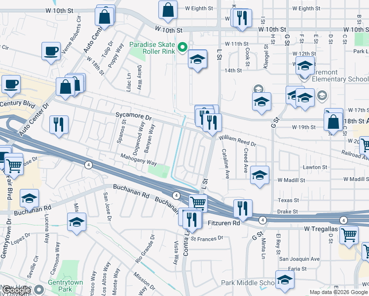 map of restaurants, bars, coffee shops, grocery stores, and more near 2204 Lemontree Way in Antioch