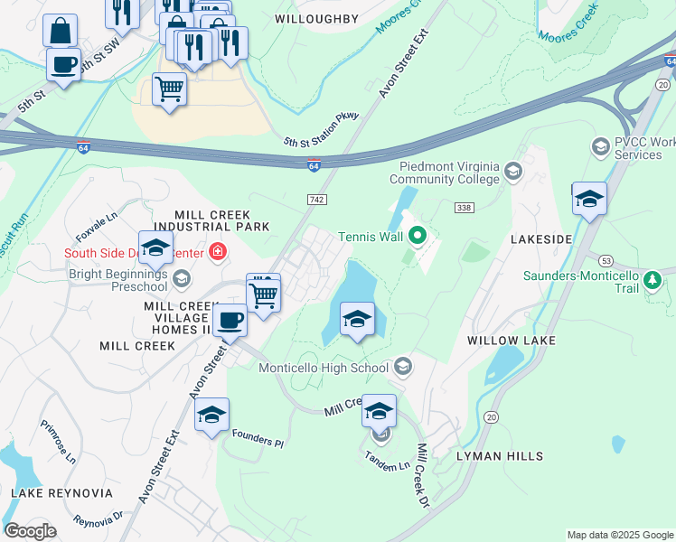 map of restaurants, bars, coffee shops, grocery stores, and more near 211 Lake Club Court in Charlottesville
