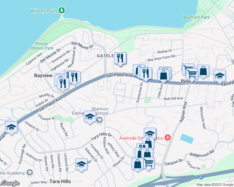 map of restaurants, bars, coffee shops, grocery stores, and more near 824 Nob Hill Avenue in Pinole