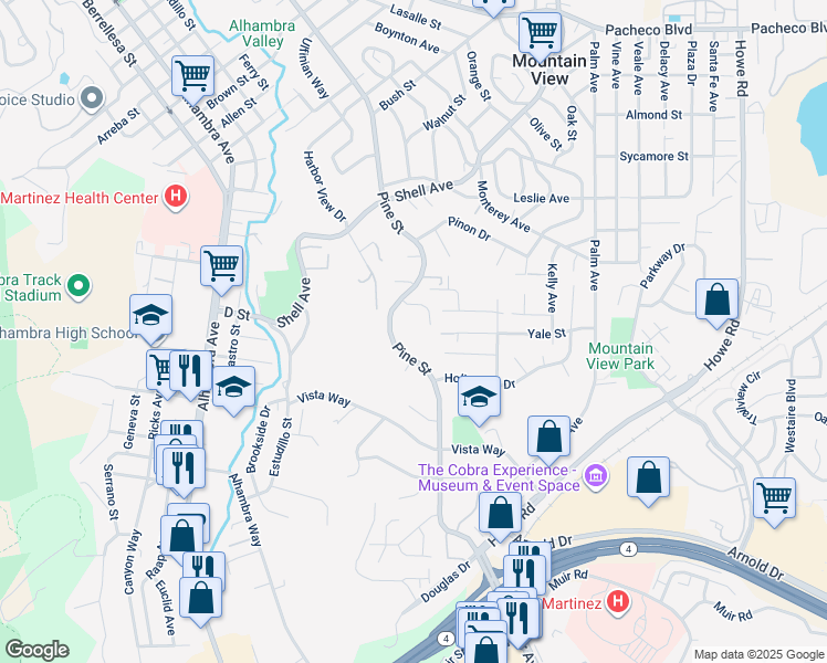 map of restaurants, bars, coffee shops, grocery stores, and more near 830 Westview Court in Martinez