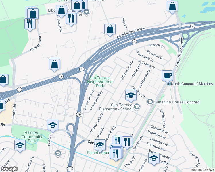 map of restaurants, bars, coffee shops, grocery stores, and more near 2225 Quebec Street in Concord