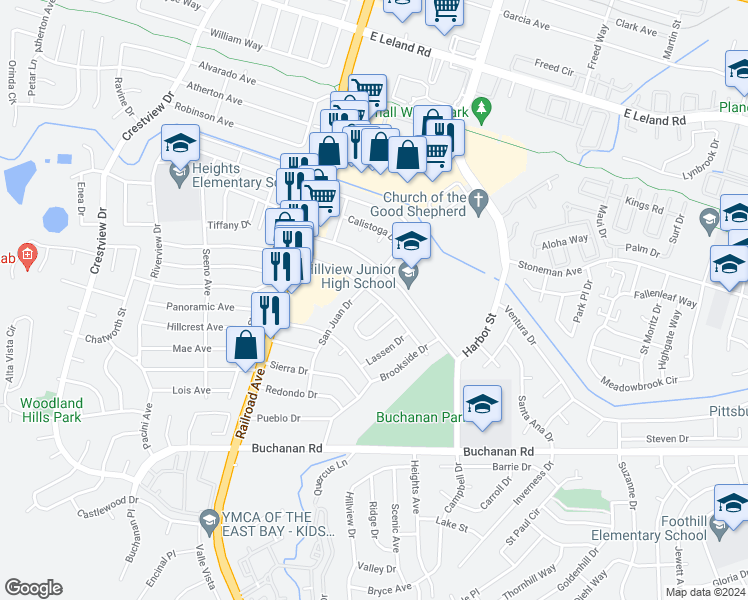 map of restaurants, bars, coffee shops, grocery stores, and more near 3802 Shasta Circle in Pittsburg