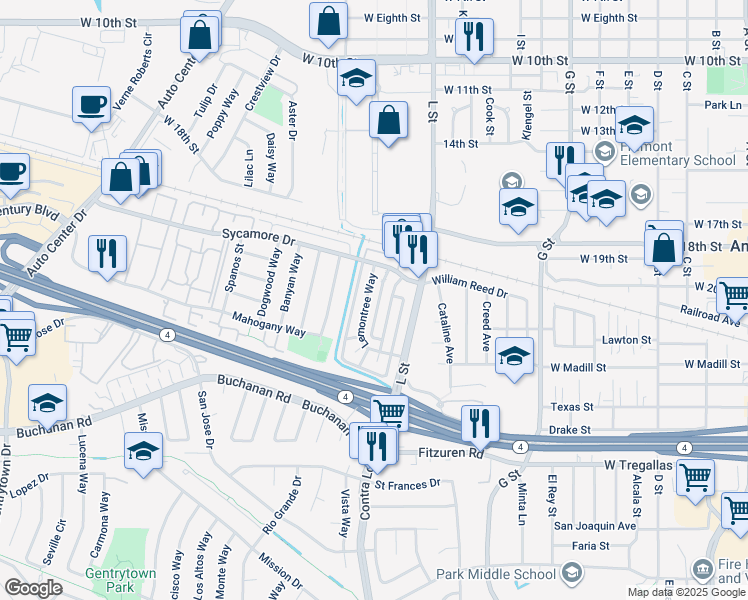 map of restaurants, bars, coffee shops, grocery stores, and more near 2201 Lemontree Way in Antioch