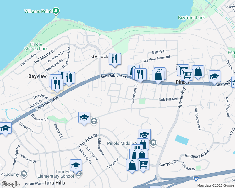 map of restaurants, bars, coffee shops, grocery stores, and more near 924 East Meadow Avenue in Pinole