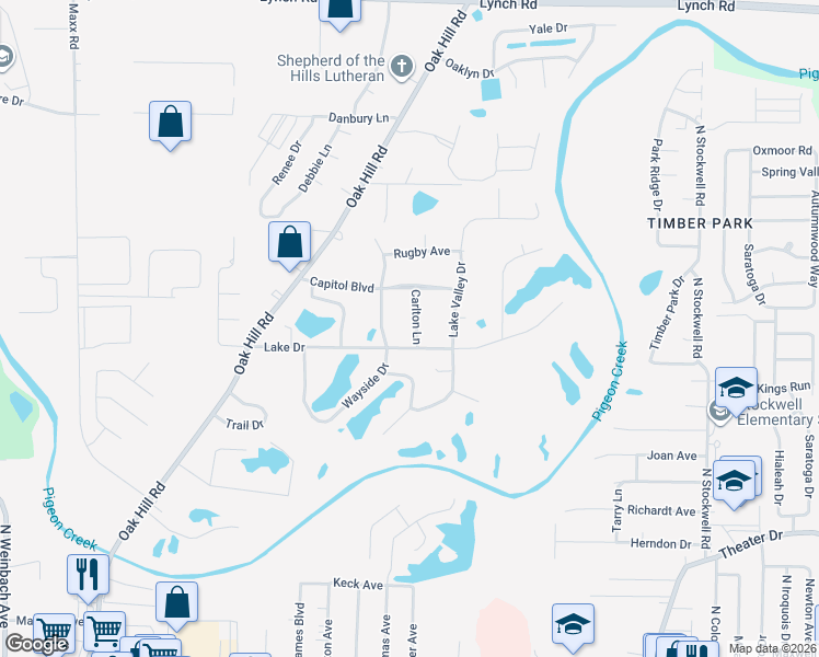 map of restaurants, bars, coffee shops, grocery stores, and more near 2910 Carlton Lane in Evansville
