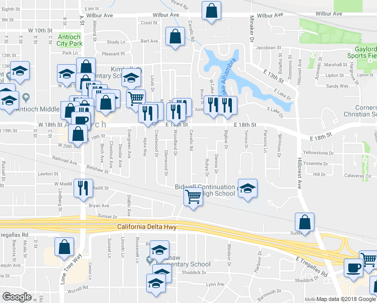 map of restaurants, bars, coffee shops, grocery stores, and more near 1922 Cavallo Road in Antioch