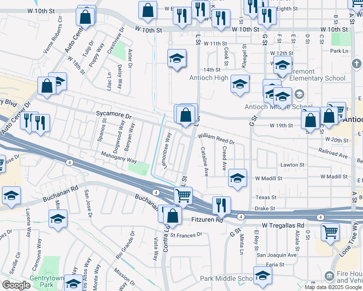 map of restaurants, bars, coffee shops, grocery stores, and more near 2204 L Street in Antioch