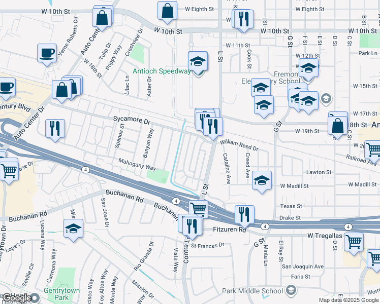 map of restaurants, bars, coffee shops, grocery stores, and more near 2301 Lemontree Way in Antioch