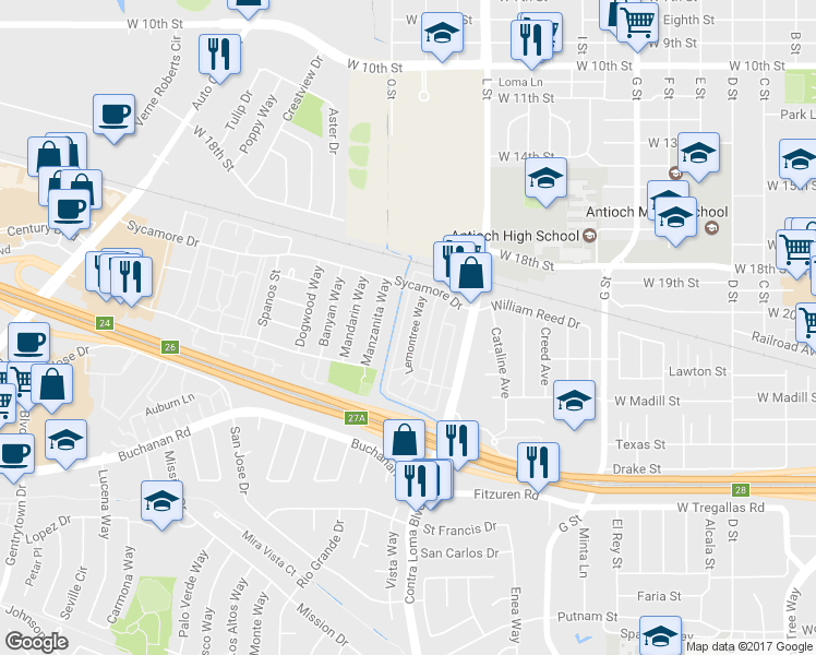map of restaurants, bars, coffee shops, grocery stores, and more near 2301 Lemontree Way in Antioch