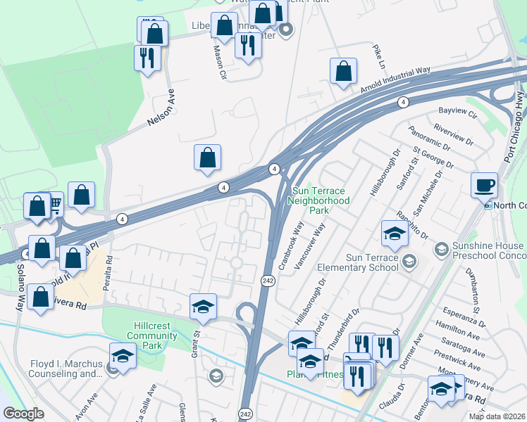 map of restaurants, bars, coffee shops, grocery stores, and more near 3725 Northwood Drive in Concord