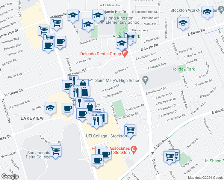 map of restaurants, bars, coffee shops, grocery stores, and more near 116 West Norwich Drive in Stockton