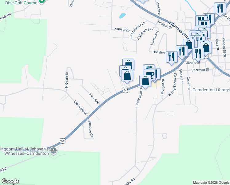 map of restaurants, bars, coffee shops, grocery stores, and more near 739 U.S. 54 in Camdenton