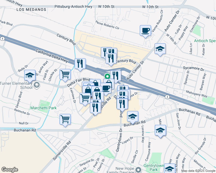map of restaurants, bars, coffee shops, grocery stores, and more near 3214 Delta Fair Boulevard in Antioch
