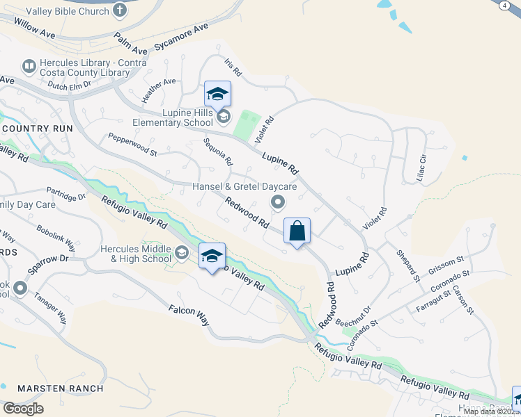 map of restaurants, bars, coffee shops, grocery stores, and more near 112 Oak Court in Hercules