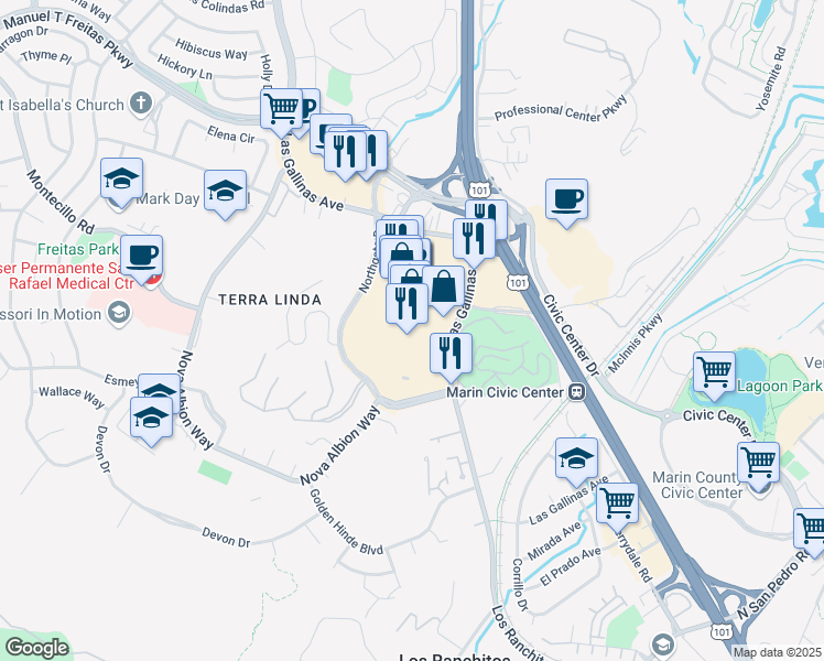 map of restaurants, bars, coffee shops, grocery stores, and more near 9000 Northgate Parking Lot in San Rafael