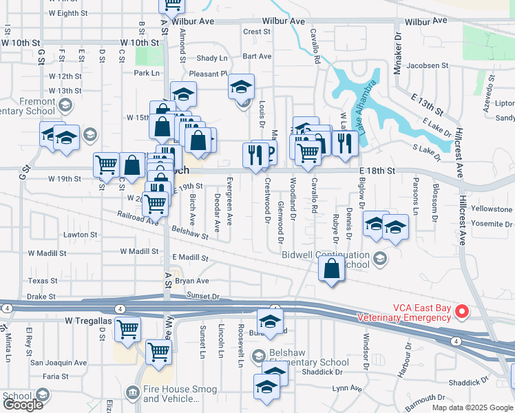 map of restaurants, bars, coffee shops, grocery stores, and more near 1925 Alpha Way in Antioch