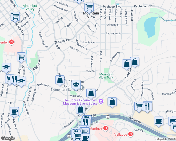 map of restaurants, bars, coffee shops, grocery stores, and more near 2450 Yale Street in Martinez