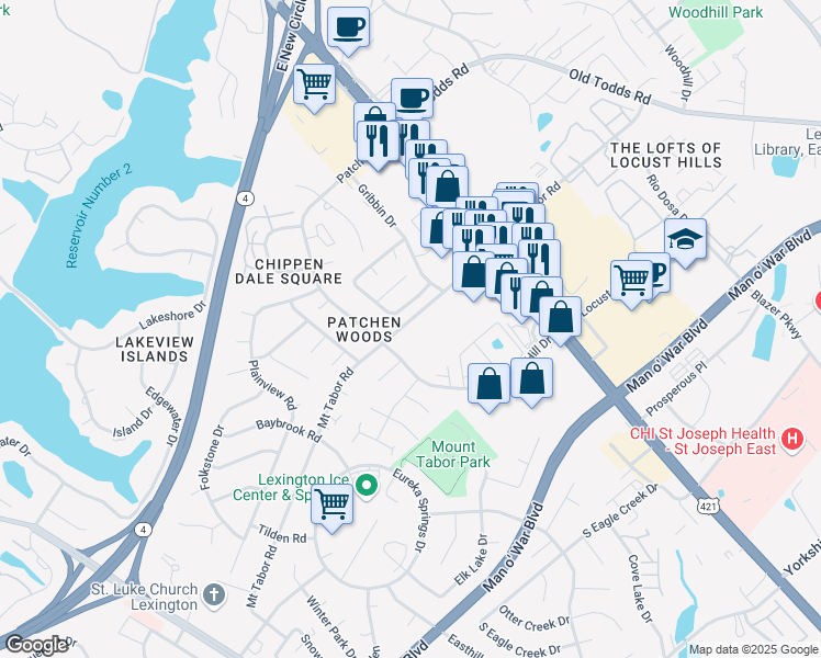 map of restaurants, bars, coffee shops, grocery stores, and more near 401 Patchen Drive in Lexington