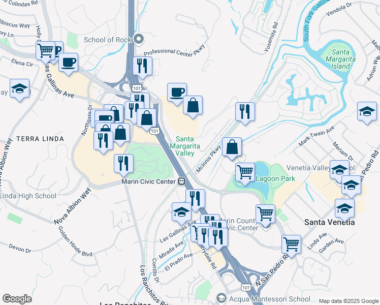 map of restaurants, bars, coffee shops, grocery stores, and more near 3900 Civic Center Drive in San Rafael