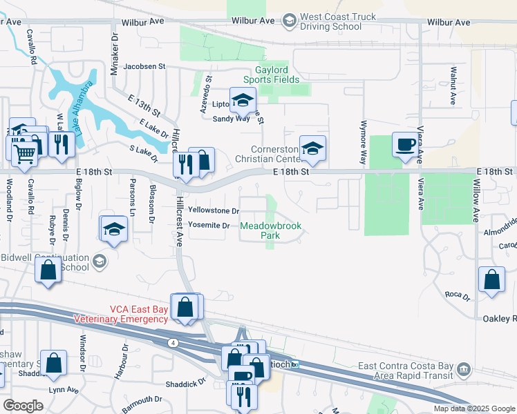 map of restaurants, bars, coffee shops, grocery stores, and more near 1617 Yellowstone Drive in Antioch
