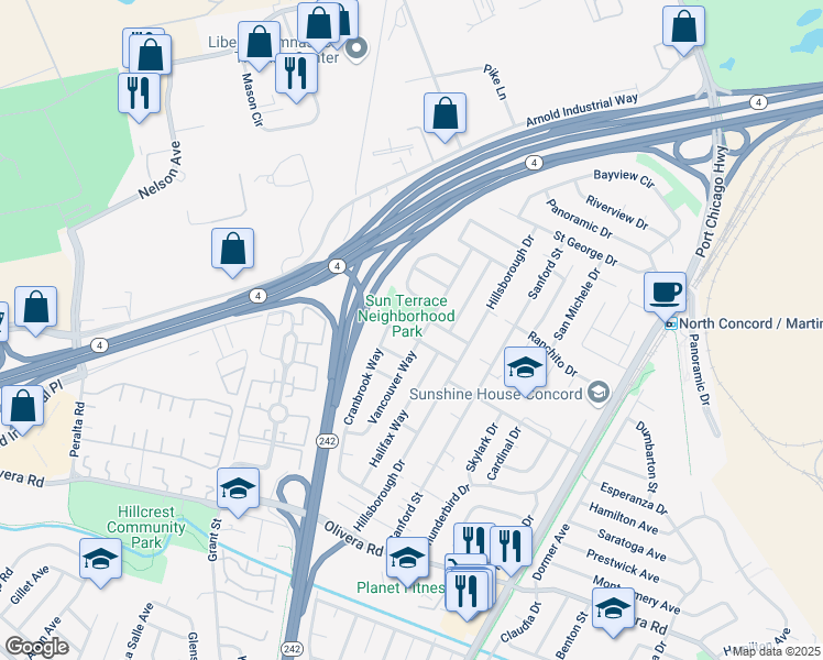 map of restaurants, bars, coffee shops, grocery stores, and more near 2200 Greenbrier Street in Concord
