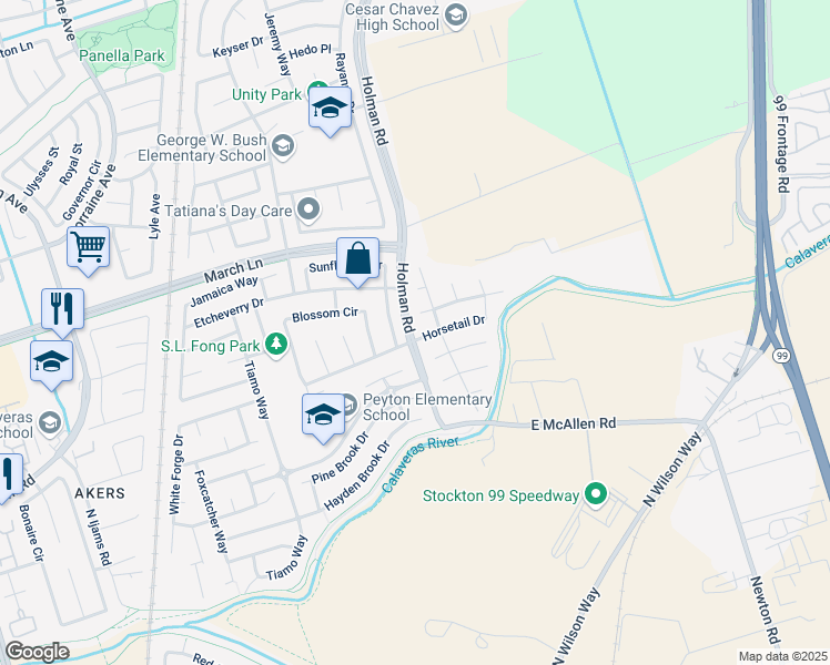 map of restaurants, bars, coffee shops, grocery stores, and more near 2909 Horsetail Drive in Stockton