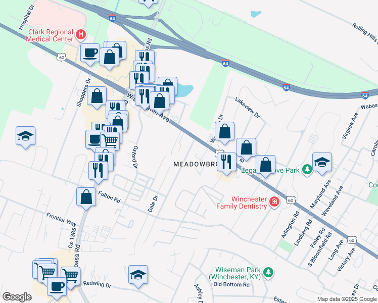 map of restaurants, bars, coffee shops, grocery stores, and more near 3468A Stamper Drive in Winchester