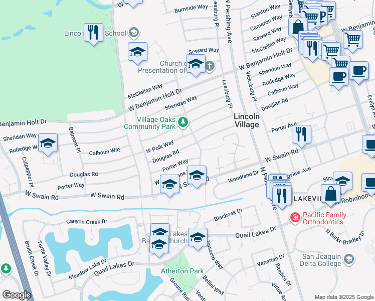 map of restaurants, bars, coffee shops, grocery stores, and more near 1848 Douglas Road in Stockton