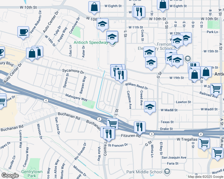 map of restaurants, bars, coffee shops, grocery stores, and more near 2118 Peppertree Way in Antioch