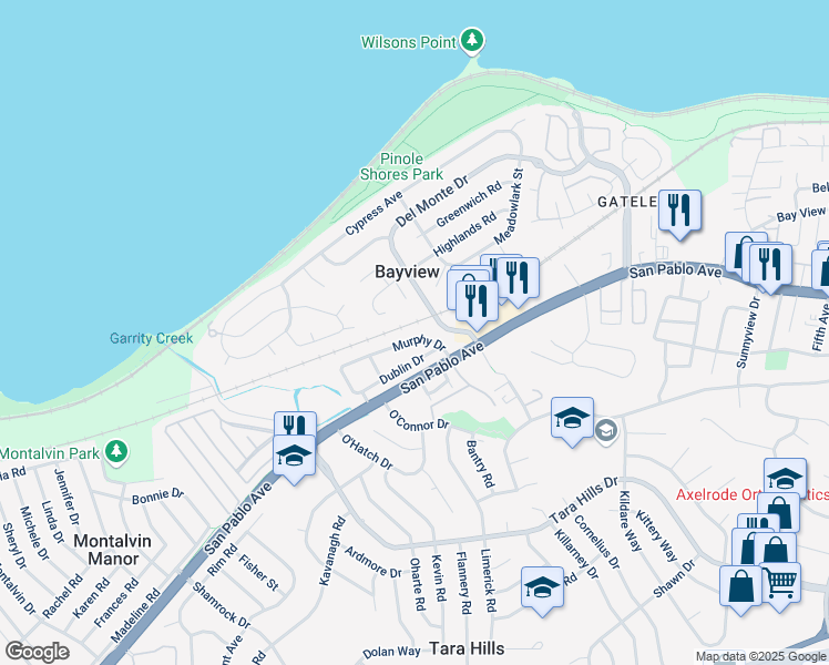 map of restaurants, bars, coffee shops, grocery stores, and more near 2107 Murphy Drive in San Pablo