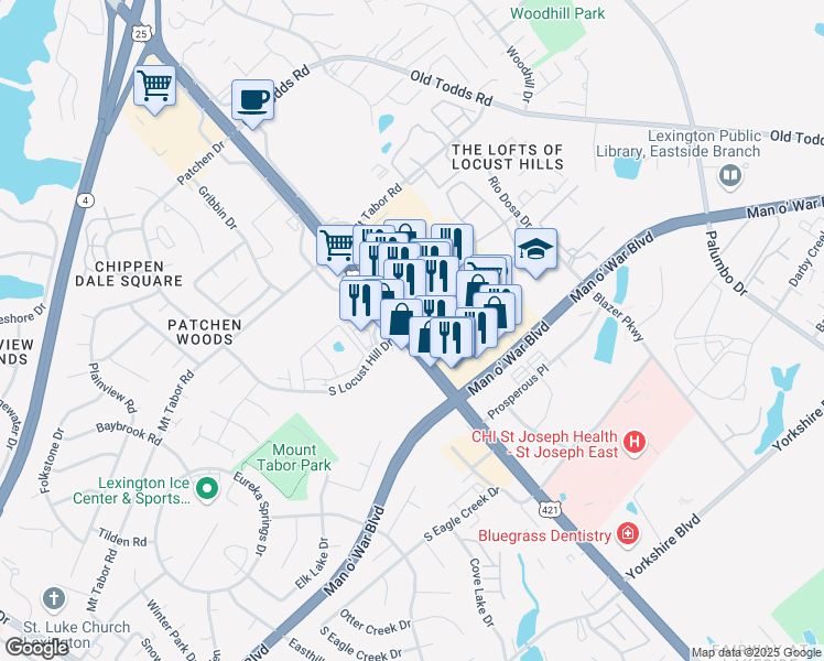 map of restaurants, bars, coffee shops, grocery stores, and more near 3015 Richmond Road in Lexington