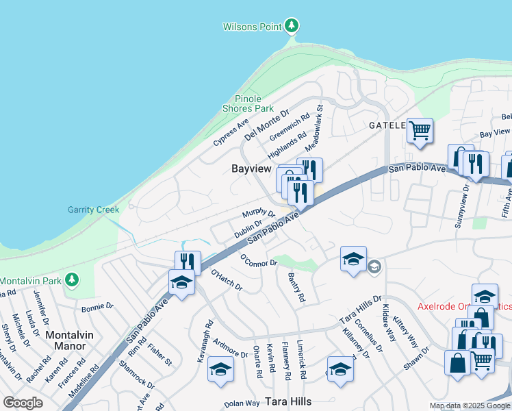 map of restaurants, bars, coffee shops, grocery stores, and more near 2107 Murphy Drive in San Pablo