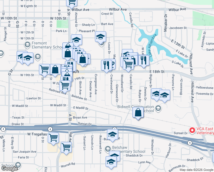 map of restaurants, bars, coffee shops, grocery stores, and more near 1925 Alpha Way in Antioch
