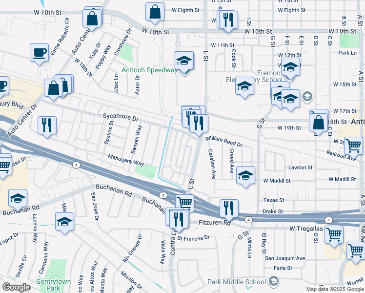 map of restaurants, bars, coffee shops, grocery stores, and more near 2118 Peppertree Way in Antioch